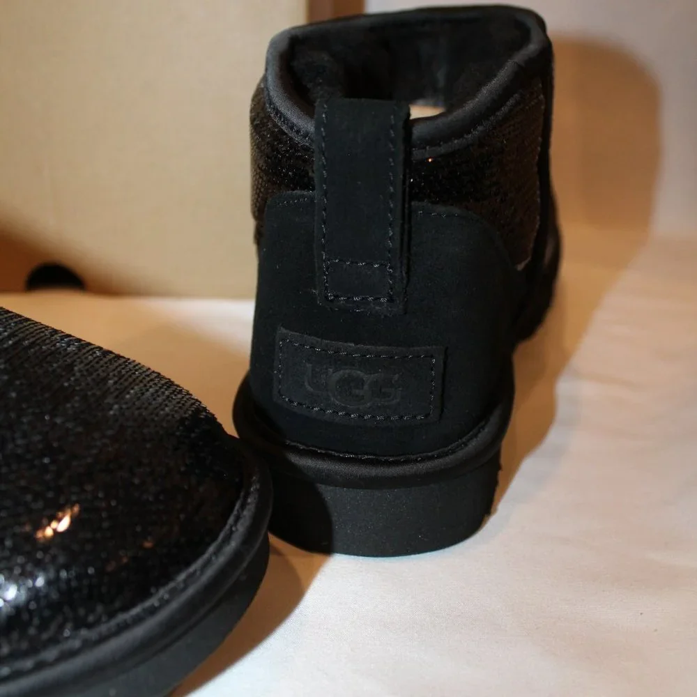 NIB UGG WOMEN'S ULTRA MINI‎ SEQUIN METALLIC BLACK BOOTS